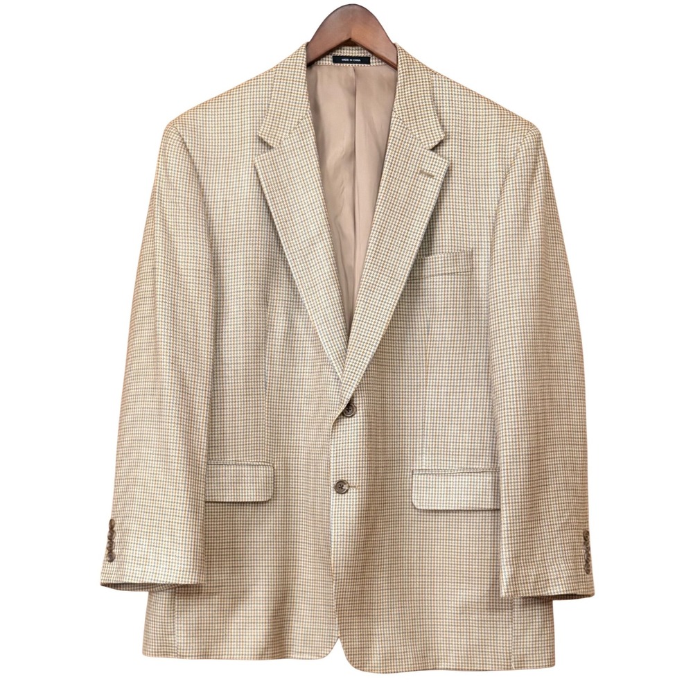 CHAPS 100% Silk Houndstooth Mens Plaid Blazer‎ Jacket Classic Tan Brown Blue 46R
